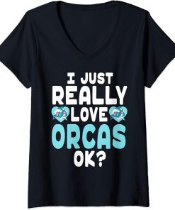 Womens Kawaii Orca for Orca Lovers - Cute I Love Orcas OK V-Neck T-Shirt