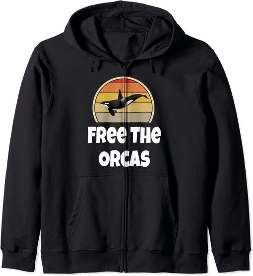 Funny Orca Whale Shirt Ocean Sea Gift Retro Free The Orcas Zip Hoodie