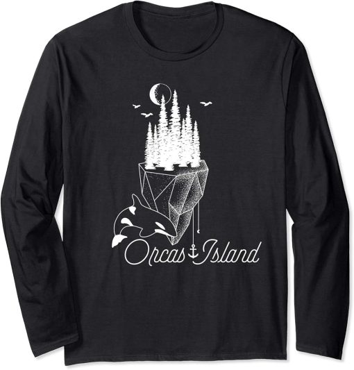 Orcas Island Minimalist San Juan Islands Orca Whale Forest Long Sleeve T-Shirt